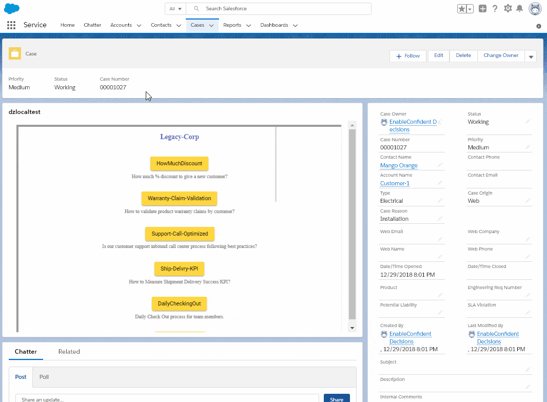 Image of DeciZone interactive decision tree panel inside Salesforce Ticket details window.
