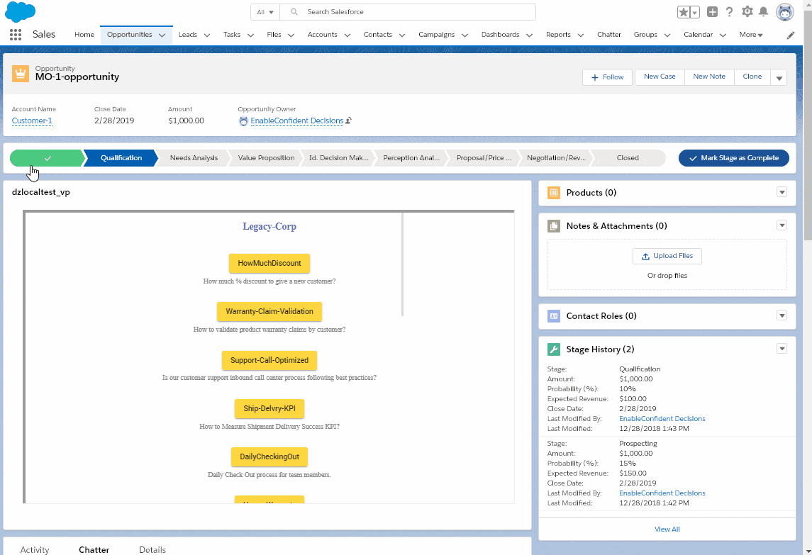 Image of DeciZone interactive decision tree panel inside Salesforce Opportunity details window.
