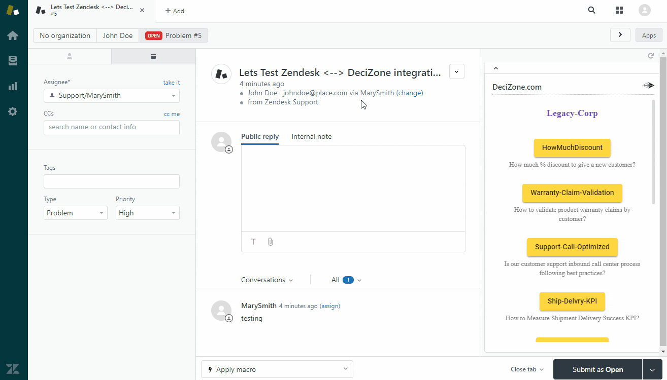 Image of DeciZone interactive decision tree panel inside Zendesk Ticket details window.